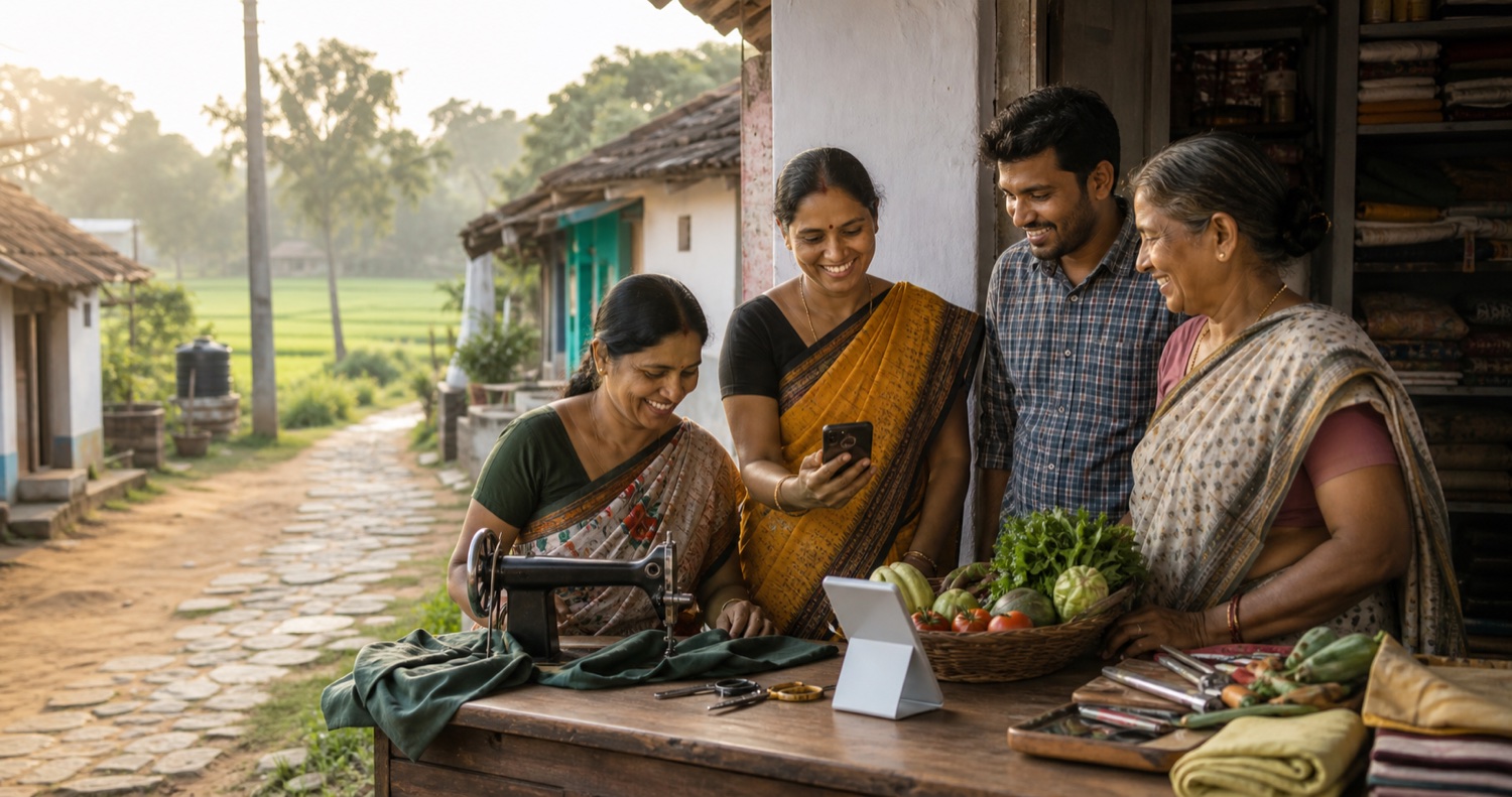 Village entrepreneurs using simple digital tools beside tailoring and produce supplies