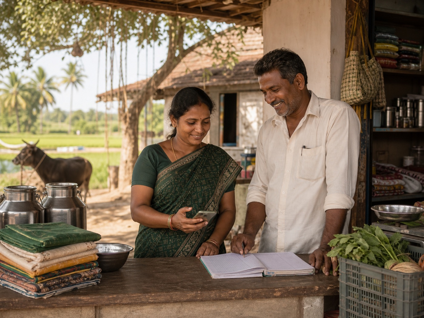 Village entrepreneurs reviewing a ledger and phone records beside local business goods
