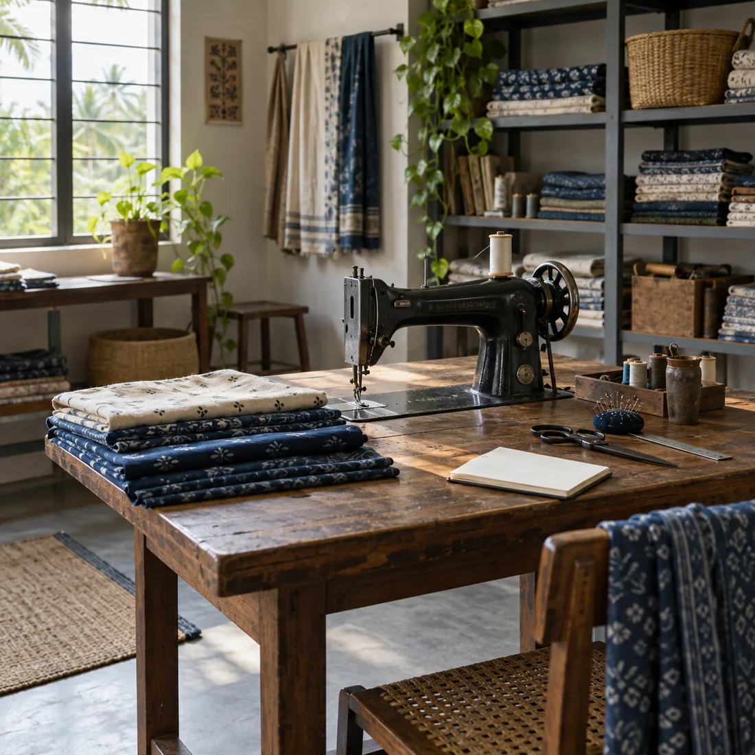 Illustrative tailoring workshop with sewing machine and cotton fabrics